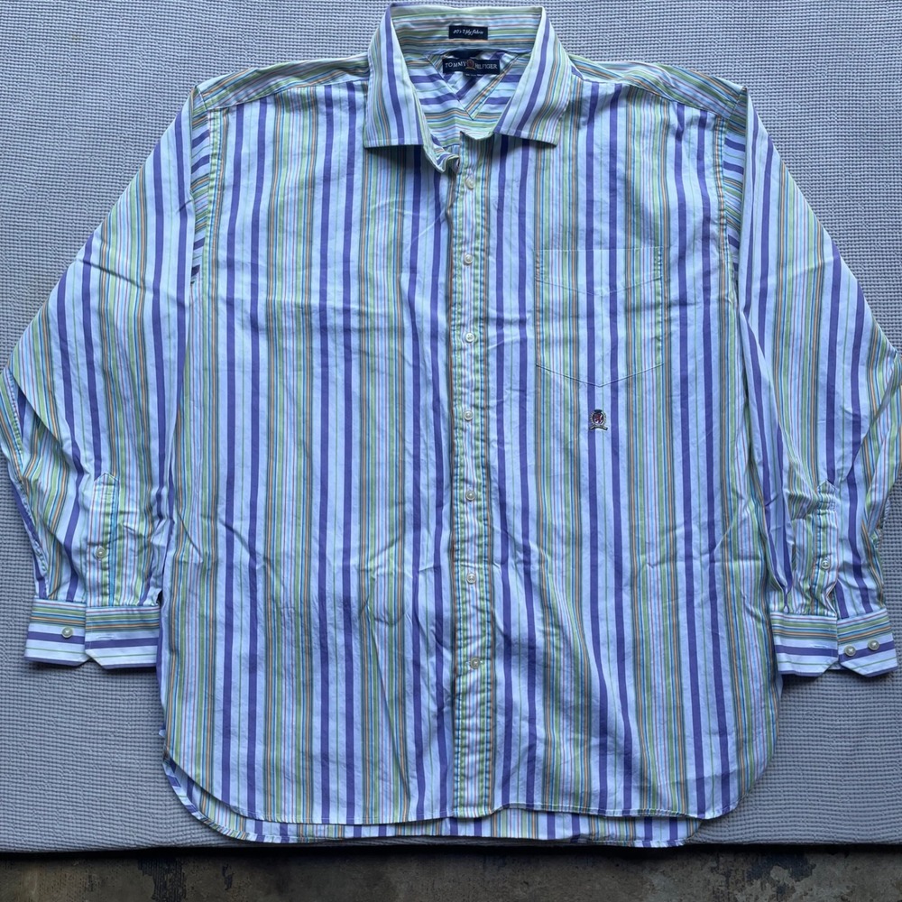 Tommy Hilfiger Mens XXL Striped Button Down Shirt 80s 2-Ply Cotton